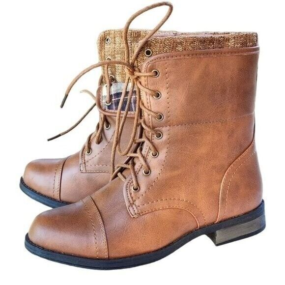 Forever Womens Casual  Warm Lace Up Booties Faux Leather Cognac Size 6.5 - Picture 1 of 16